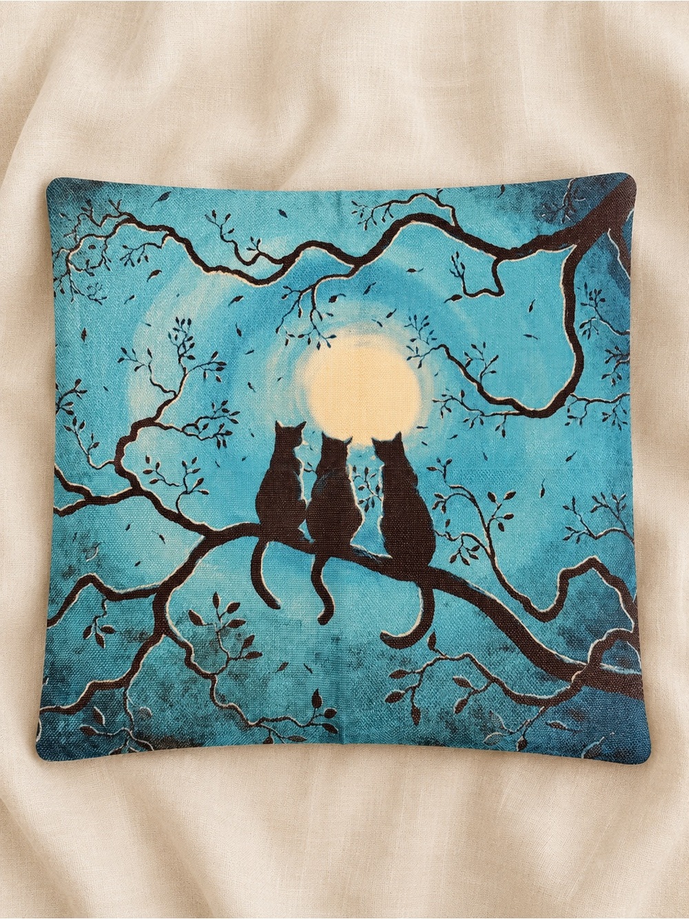 Moonlit Black Cats Linen Throw Pillow Cover 18x18 Hidden Zipper Cottagecore - Picture 2 of 8